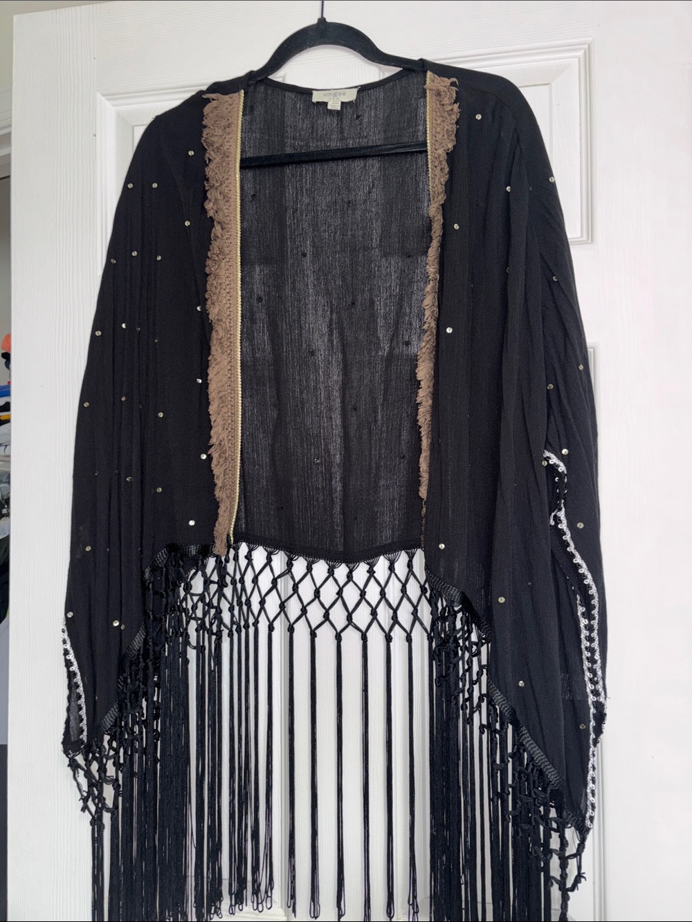 Boho Black Fringe and Sequin Open-Front Women's Cardigan